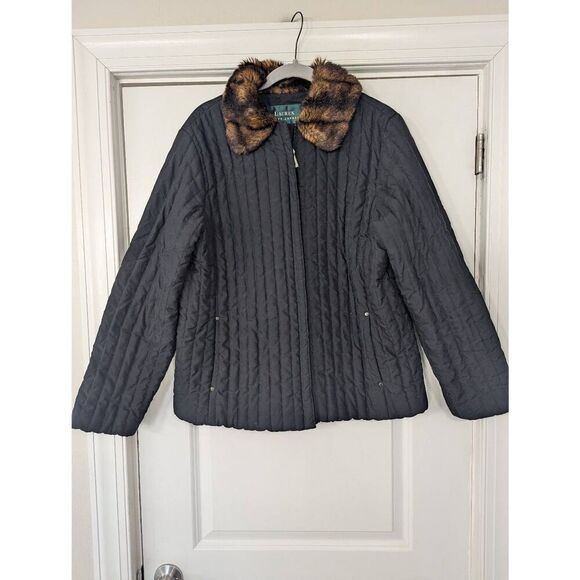 Lauren Ralph Lauren Quilted Jacket women's size Large‎ black faux fur leopard - Picture 1 of 7